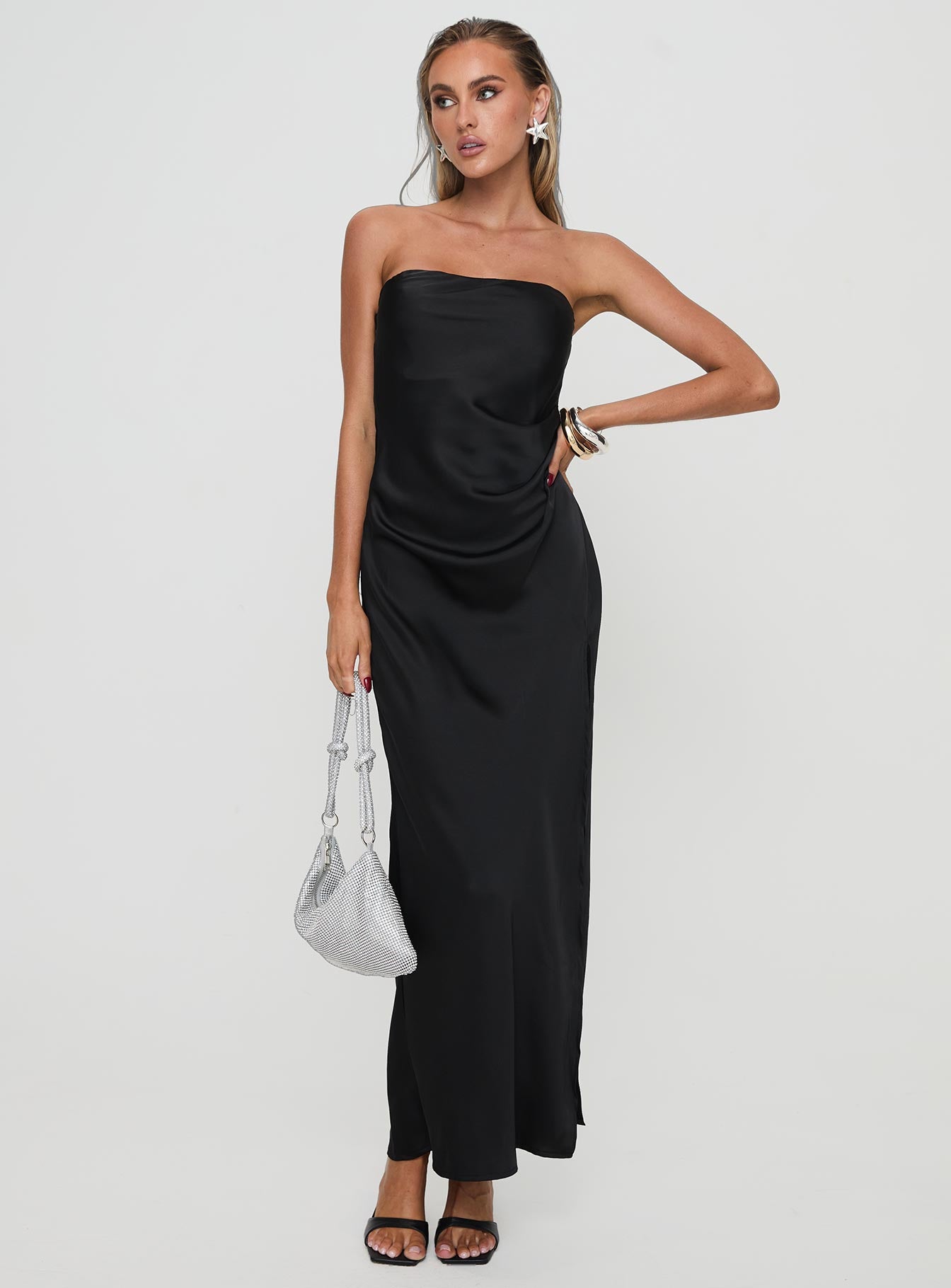 front view of model wearing Princess Polly Marlisa Strapless Maxi Dress Black Straight Neck 