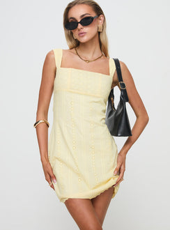 front view of model wearing Princess Polly Allegro Mini Dress Lemon Square Neck 