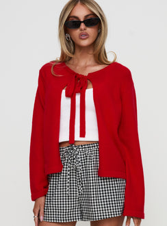 back view of model wearing Princess Polly Norine Tie Up Knit Sweater Red Cropped 