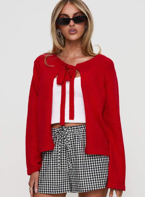 back view of model wearing Princess Polly Norine Tie Up Knit Sweater Red Cropped 