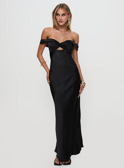 front view of model wearing Princess Polly Rava Off The Shoulder Maxi Dress Black Sweetheart Neckline 