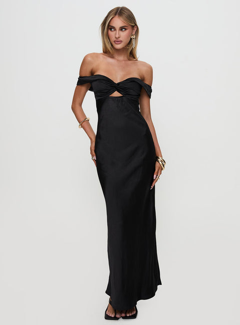 front view of model wearing Princess Polly Rava Off The Shoulder Maxi Dress Black Sweetheart Neckline 