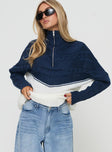 front view of model wearing Princess Polly San Seb Quarter Zip Sweater Navy / Cream regular 