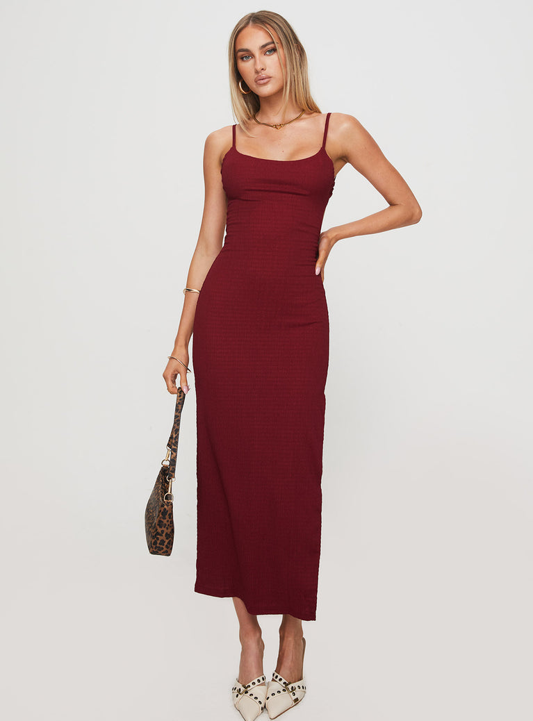 front view of model wearing Princess Polly Elestria Maxi Dress Burgundy Scoop Neck 