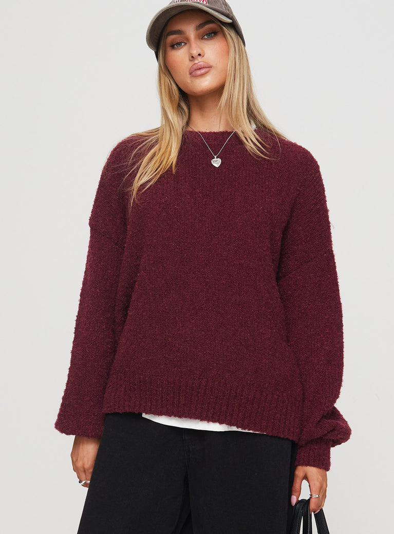 front view of model wearing Princess Polly Niomie Knit Sweater Burgundy Long 