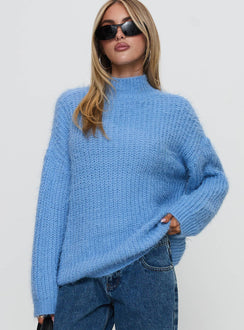 front view of model wearing Princess Polly Gavelston Crew Neck Waffle Sweater Blue Long 