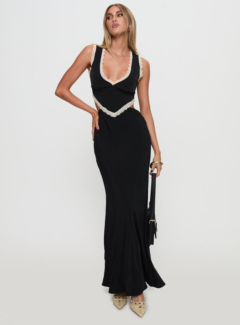 front view of model wearing Princess Polly Keila Lace Trim Maxi Dress Black / Cream V-Neck 