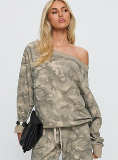 back view of model wearing Princess Polly Wellness Off The Shoulder Jumper Washed Camo 