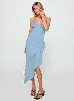 front view of model wearing Princess Polly Fleuretta Embroidered Midi Dress Blue / Brown Plunger 