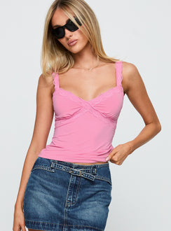 front view of model wearing Princess Polly Know Better Lace Trim Top Pink Sleeveless Sweetheart 