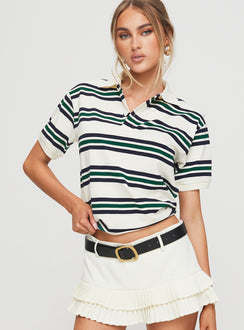 front view of model wearing Princess Polly Leisure Polo Ivory Moss Short Sleeves High Neck 