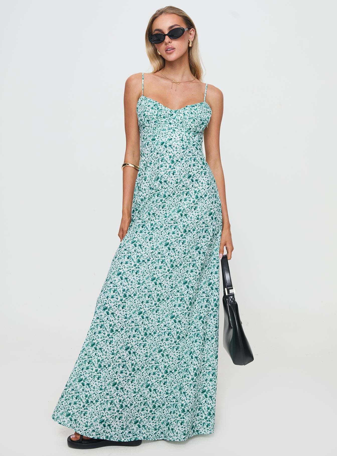 front view of model wearing Princess Polly Easten Maxi Dress Green Sweetheart Neckline 