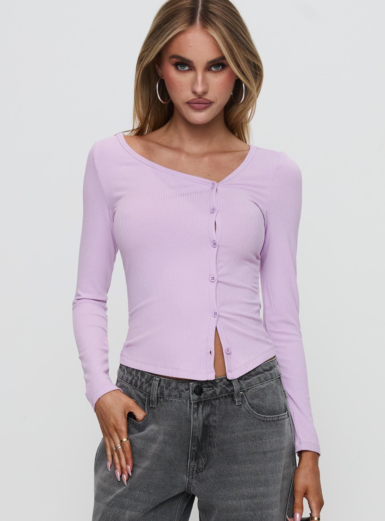 front view of model wearing Princess Polly Sadira Long Sleeve Button Up Top Lilac Full Sleeves Asymmetric Neckline 
