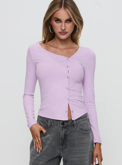 front view of model wearing Princess Polly Sadira Long Sleeve Button Up Top Lilac Full Sleeves Asymmetric Neckline 