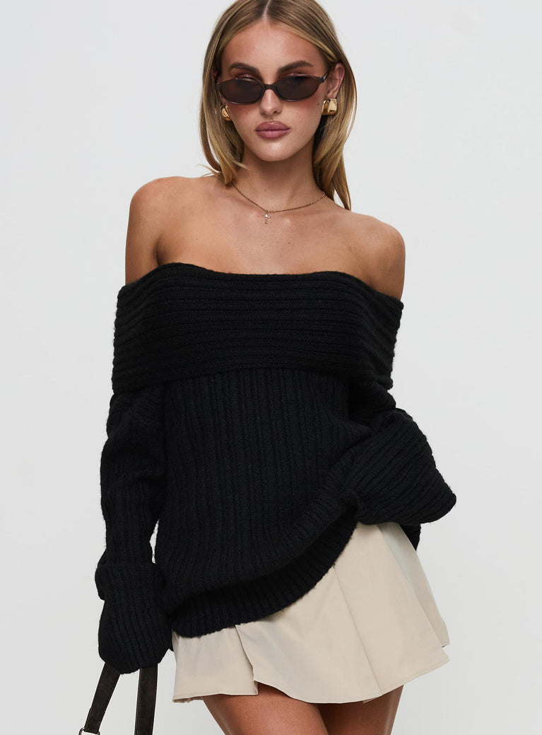 side view of model wearing Princess Polly Snowie Off Shoulder Knit Sweater Black cropped 