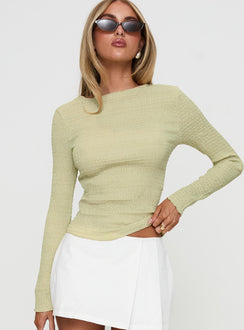 front view of model wearing Princess Polly Murphey Ruched Long Sleeve Top Green Full Sleeves Crew Neck 