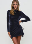 front view of model wearing Princess Polly Souza Long Sleeve Mini Dress Navy High Neck 