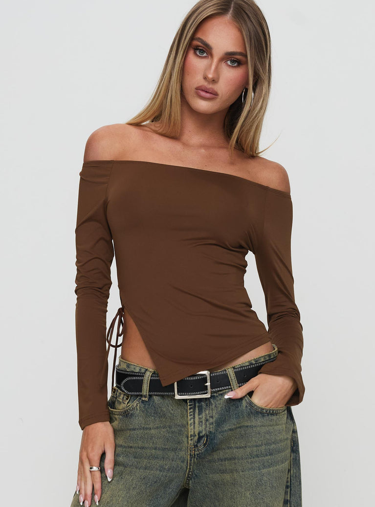 front view of model wearing Princess Polly Endellion Off Shoulder Long Sleeve Top Chocolate Full Sleeves straight 