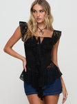 front view of model wearing Princess Polly Francia Frill Top Black Short Sleeves Square Neck 