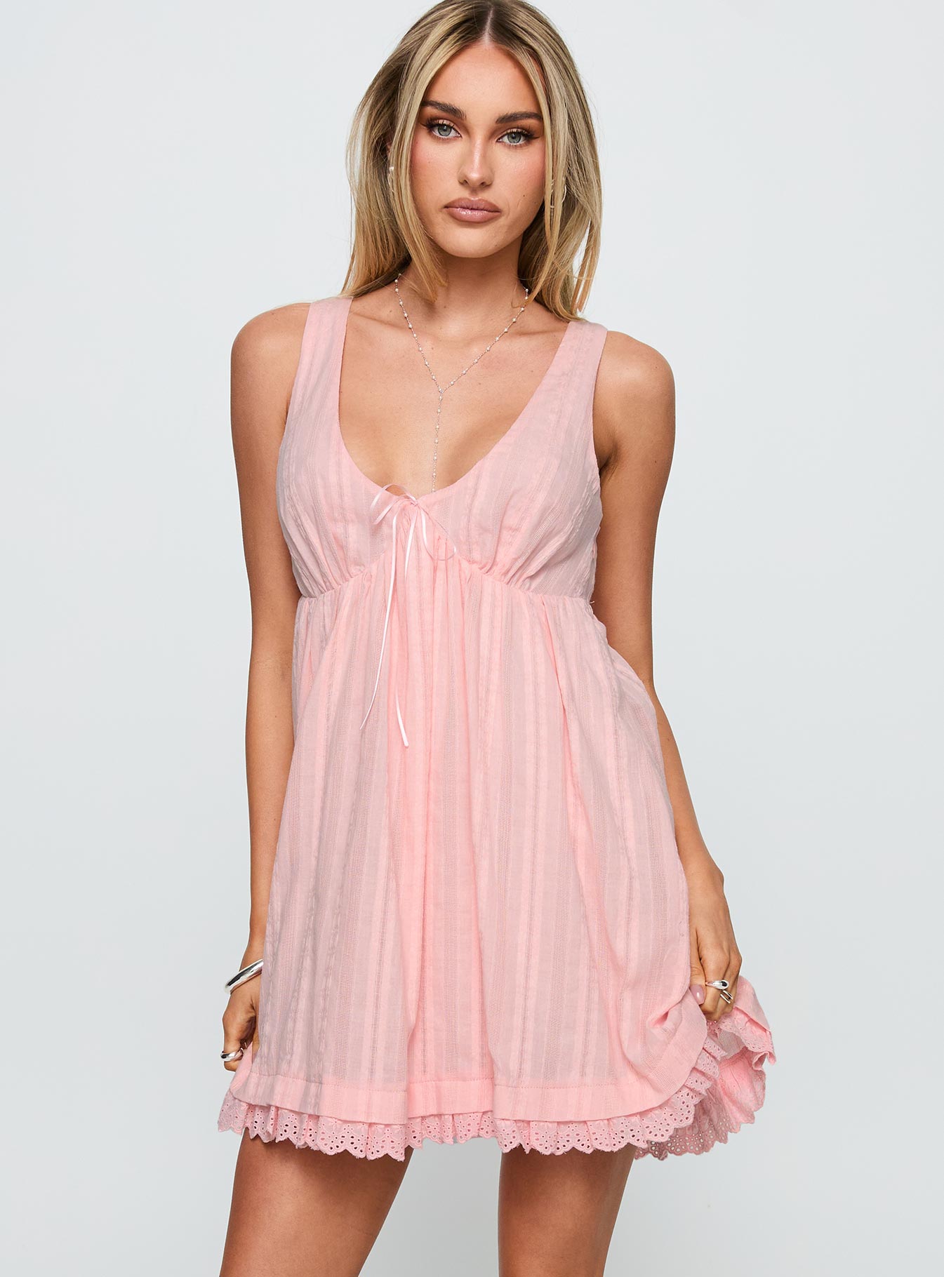 front view of model wearing Princess Polly Nelty Mini Dress Pink Plunger 