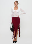   front view of model wearing Princess Polly Peachey Asymmetric Ruffle Midi Skirt Burgundy Midi Skirts 