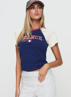 front view of model wearing Princess Polly France Fantasy Top Navy Short Sleeves Crew Neck 