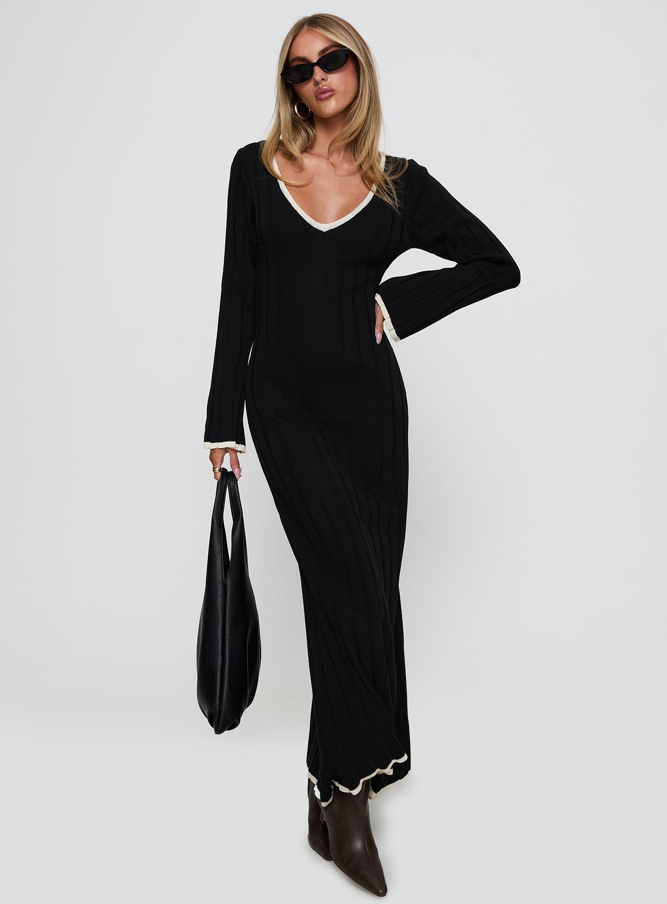 front view of model wearing Princess Polly Claira Long Sleeve Maxi Dress Black Plunger 