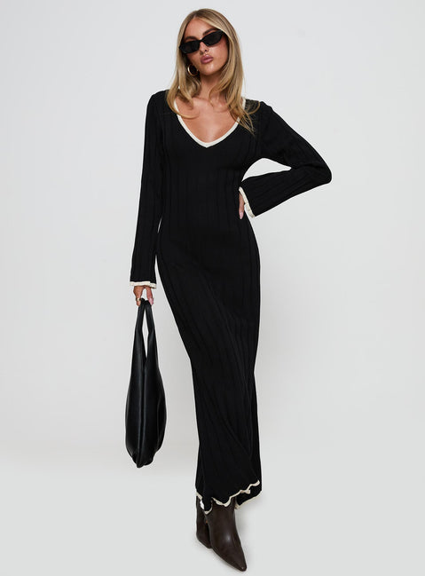 front view of model wearing Princess Polly Claira Long Sleeve Maxi Dress Black Plunger 