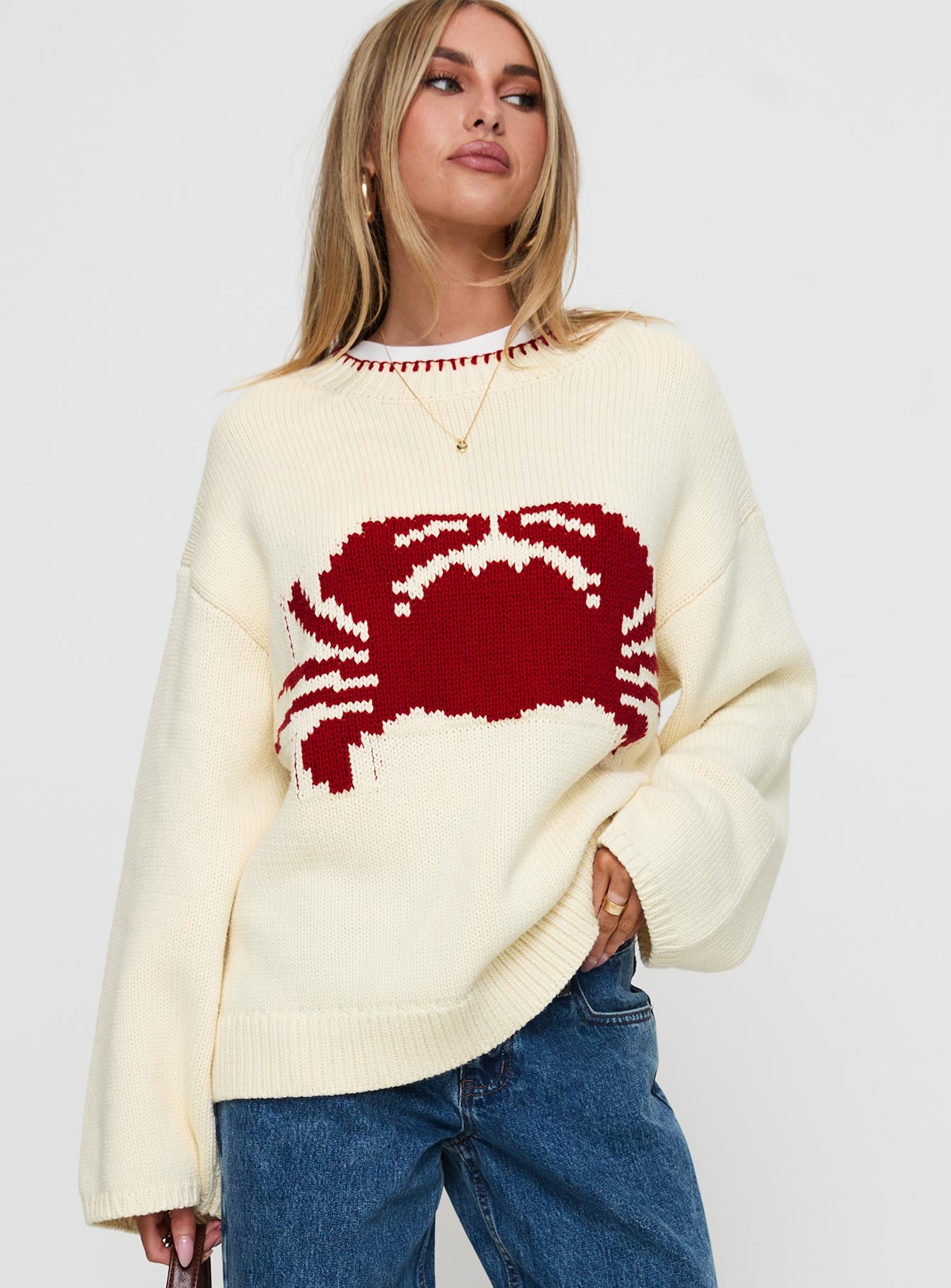 front view of model wearing Princess Polly Coastlines Knit Sweater Cream / Red Long 