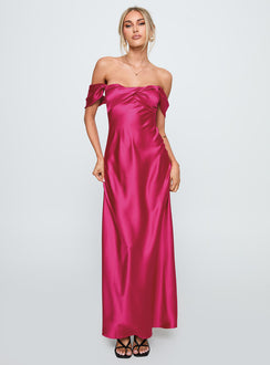 front view of model wearing Princess Polly Live For You Off The Shoulder Maxi Dress Hot Pink Sweetheart Neckline 