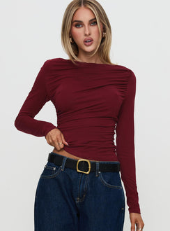 front view of model wearing Princess Polly Amberlyn Long Sleeve Ruched Top Burgundy Full Sleeves Boat Neck 