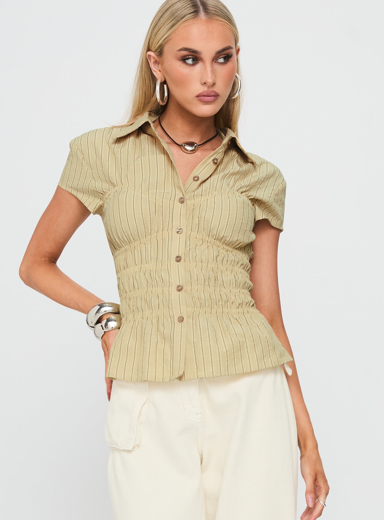 Liesel Shirred Short Sleeve Top Butter Stripe