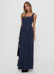 side view of model wearing Princess Polly Lorinda Maxi Dress Navy Square Neck 