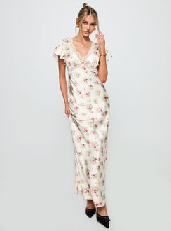 side view of model wearing Princess Polly Miraselle Maxi Dress Cream Floral V-Neck 