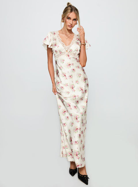 side view of model wearing Princess Polly Miraselle Maxi Dress Cream Floral V-Neck 