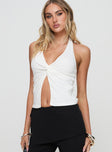 front view of model wearing Princess Polly Fontanne Twist Top White Sleeveless Plunger 