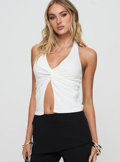 front view of model wearing Princess Polly Fontanne Twist Top White Sleeveless Plunger 