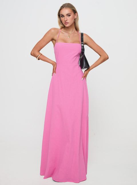 front view of model wearing Princess Polly Clea Maxi Dress Pink Square Neck 