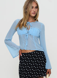 front view of model wearing Princess Polly Coates Long Sleeve Top Blue Full Sleeves Crew Neck 