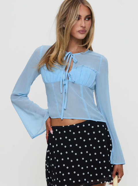 front view of model wearing Princess Polly Coates Long Sleeve Top Blue Full Sleeves Crew Neck 