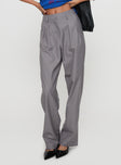 side view of model wearing Princess Polly Expertise Low Rise Pleat Pant Grey High Waisted Pants 