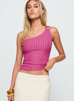 front view of model wearing Princess Polly All Falls Down One Shoulder Top Pink Sleeveless Asymmetric Neckline 