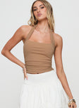 front view of model wearing Princess Polly Roxanna Top Beige Sleeveless Square Neck 