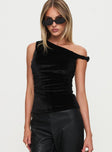 front view of model wearing Princess Polly Dream Came True Asymmetrical Velvet Top Black Sleeveless Asymmetric Neckline 