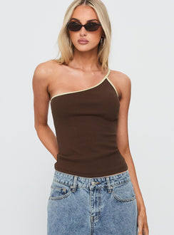 Hold It Down One Shoulder Contrast Top Chocolate / Yellow