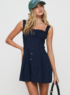 front view of model wearing Princess Polly Wait For You Mini Dress Navy Tall Square Neck 