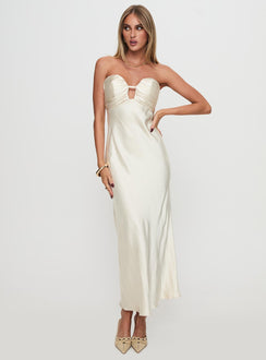 front view of model wearing Princess Polly Cyprian Strapless Maxi Dress Champagne Sweetheart Neckline 