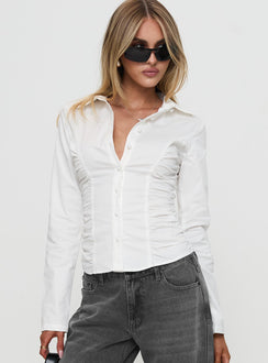 front view of model wearing Princess Polly Stand Up Guy Long Sleeved Ruched Detail Top White Full Sleeves V-Neck 