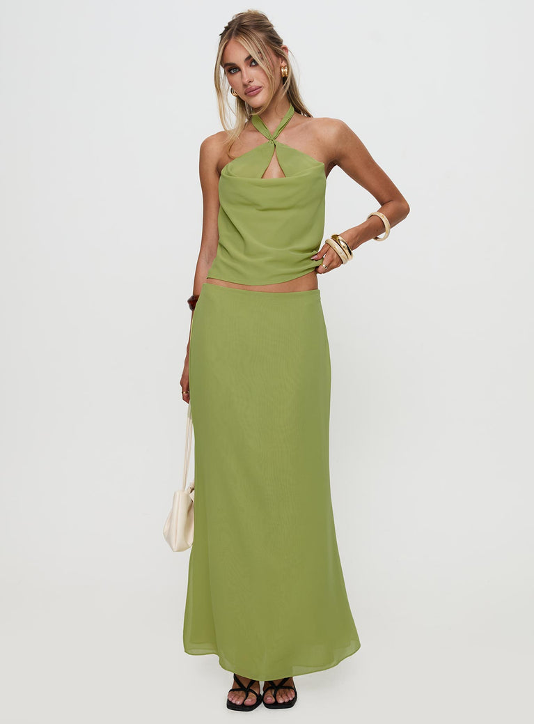   front view of model wearing Princess Polly Eleganza Maxi Skirt Green Maxi 