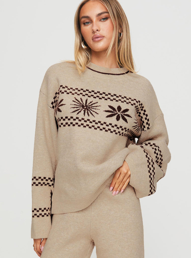 front view of model wearing Princess Polly Anok Graphic Sweater Cream / Brown Long 